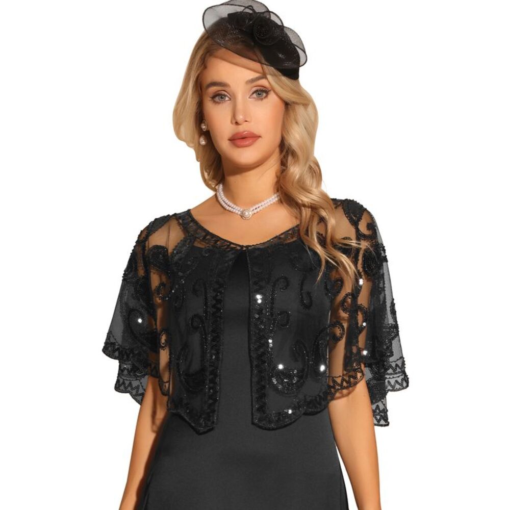 Shawl Wraps Sequin Beaded Bridal Cover Up Evening Cape Flapper Bolero Black